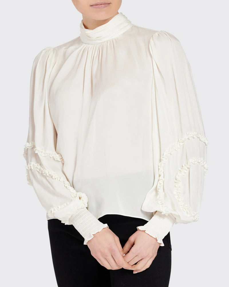 Smocked mock top neck blouse