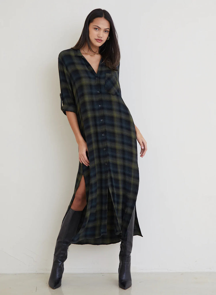 Mayfield Rolled Sleeve Duster Dress Jasper Green Plaid 25 South